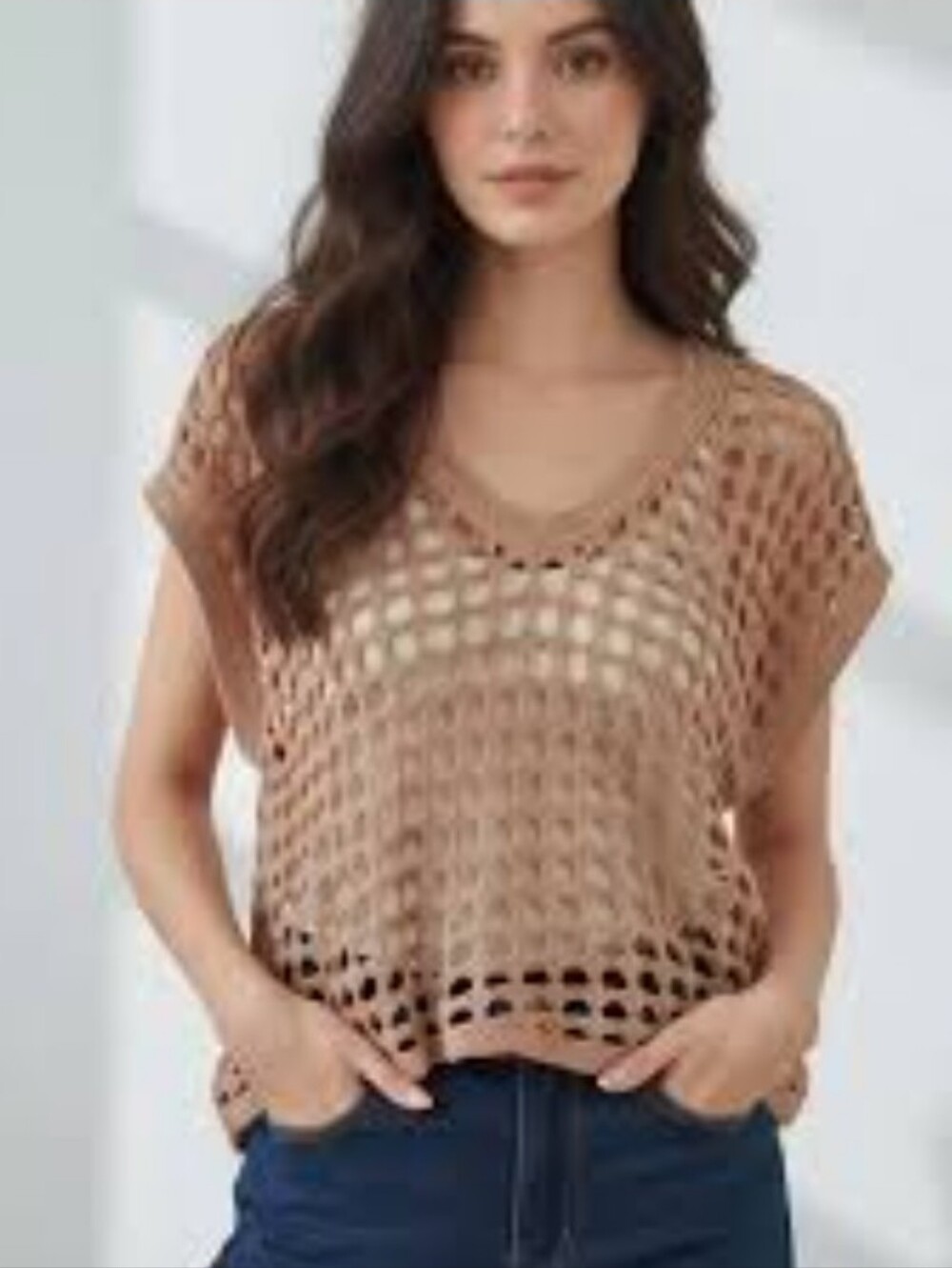 Love Tree Crochet Beige Knit Top S